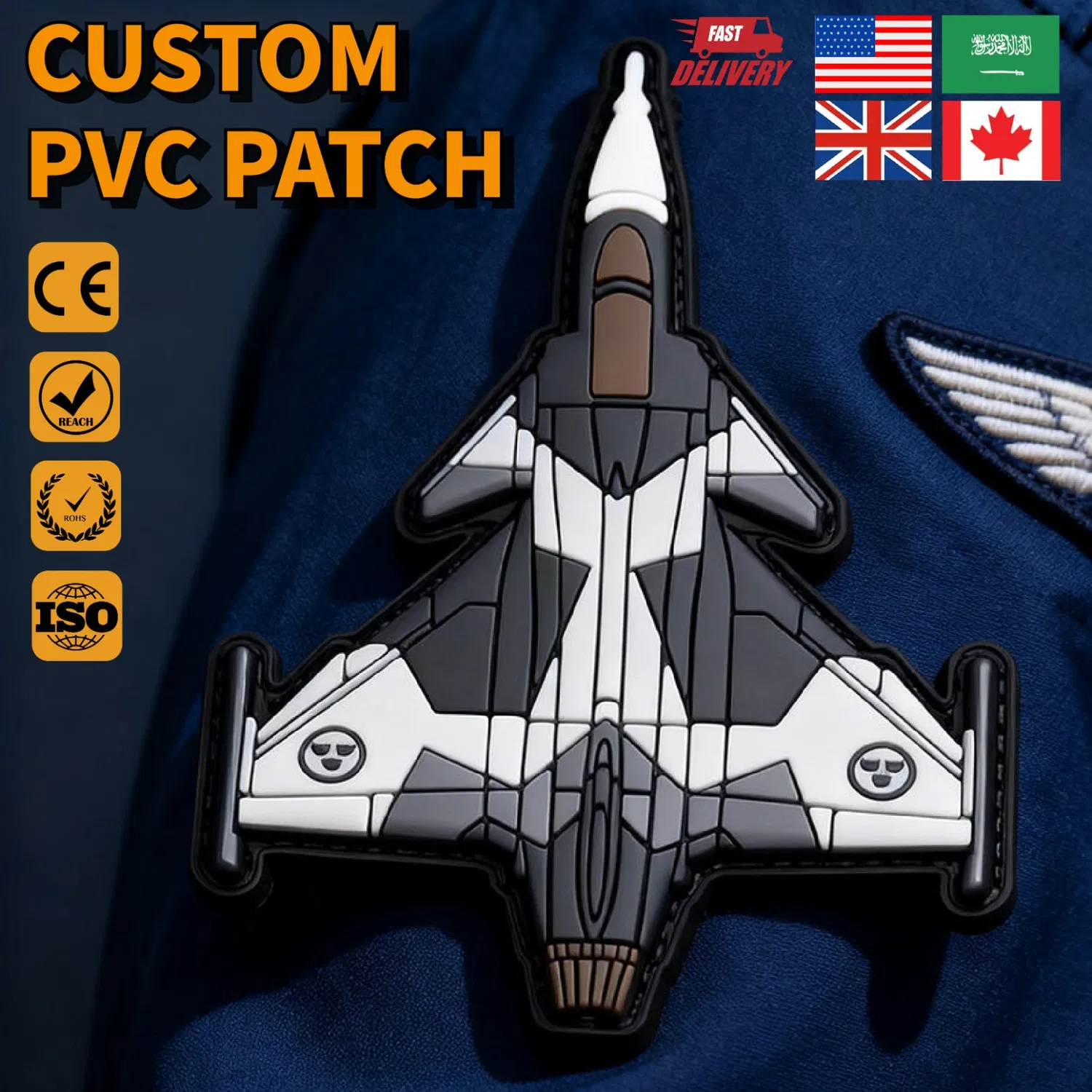 Manufacture PVC Patches Custom Logo 2D 3D Raised Aircraft Shape Rubber Patch